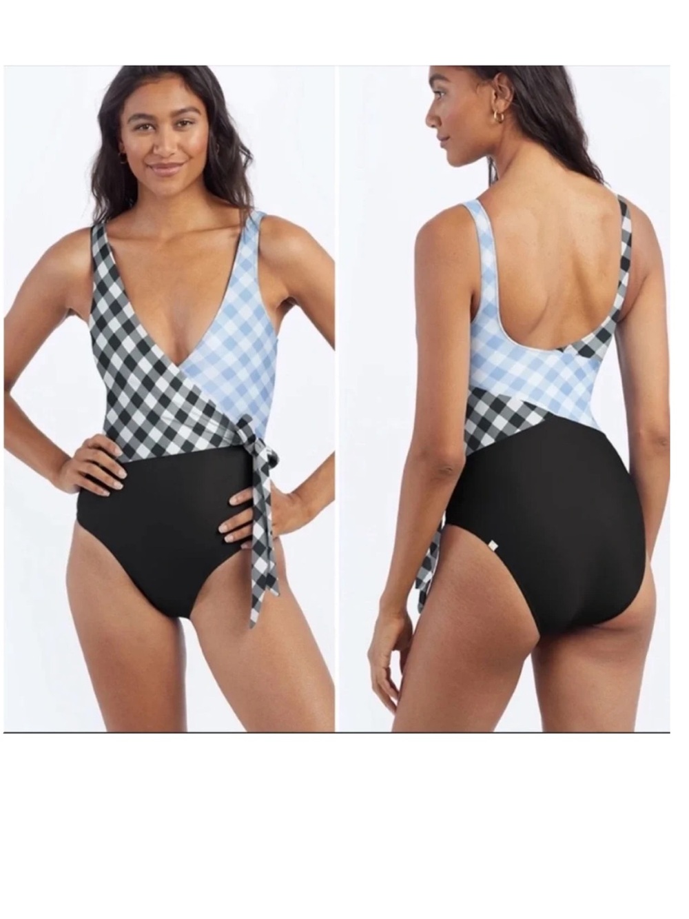 Summersalt NWT One Piece Swimsuit Size 10 Gingham Wrap Tie Waist Blue Black